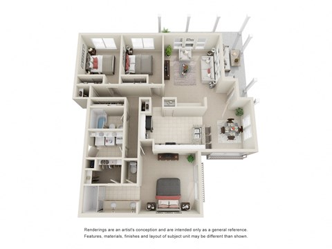 Three Bed Two Bath Townhome Floor Plan at Siena Apartments, California, 93458